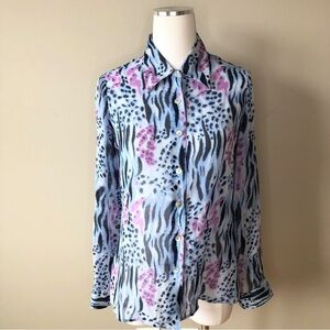 Vintage Blue Lavender Sheer Leopard Print Button Down Top S